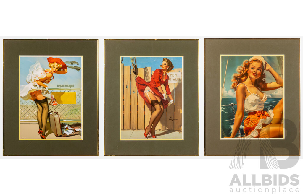 Gil Elvgren (20th Century, American, 1914-1980) & Artist Unknown, A Nice Catch, Luggage Mishap & Sailing - Fifties Pin Up Girls, Trio of Vintage Colour Posters, 59 x 48 cm (frames) (3)