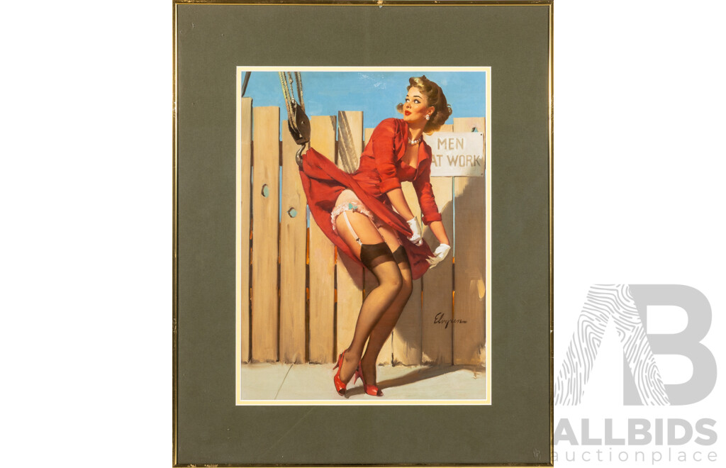 Gil Elvgren (20th Century, American, 1914-1980) & Artist Unknown, A Nice Catch, Luggage Mishap & Sailing - Fifties Pin Up Girls, Trio of Vintage Colour Posters, 59 x 48 cm (frames) (3)