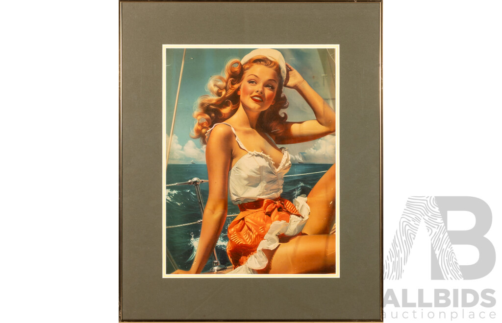 Gil Elvgren (20th Century, American, 1914-1980) & Artist Unknown, A Nice Catch, Luggage Mishap & Sailing - Fifties Pin Up Girls, Trio of Vintage Colour Posters, 59 x 48 cm (frames) (3)