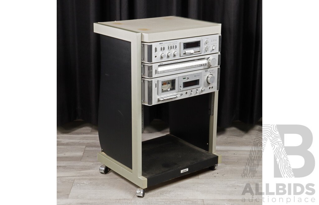 Akai Three Piece Rack Mounted Stereo System Comprising Dc Integrated Amplifier AM UO3, Stereo Tuner at KO2 & Stereo Casette Deck CS MO2, All in Akai Case