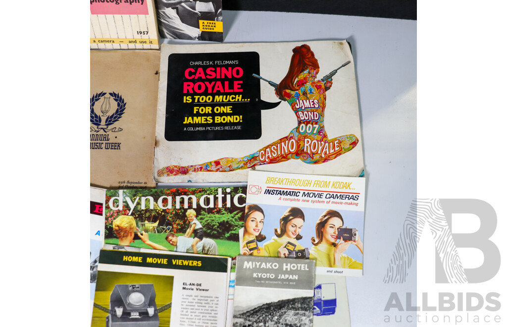 Assortment of Vintage Camera Manuals and Pamphlets Including Elmo Zoom Auto Eye, Kodak, Voiglander, Casino Royale Booklet, Meccano Number Six Instructions, Berk Brochure