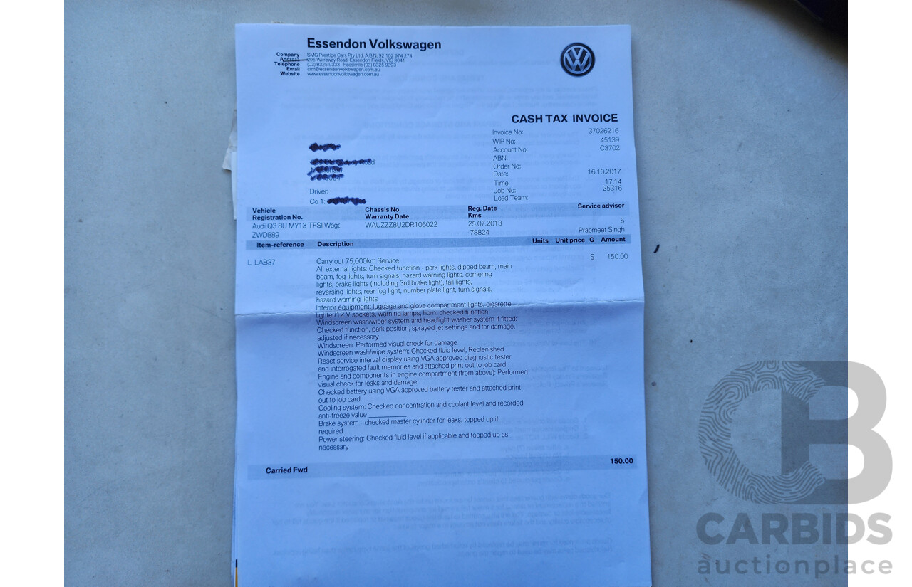 7/2013 Audi Q3 2.0 TFSI Quattro (125kw) 8U 4d Wagon White 2.0L