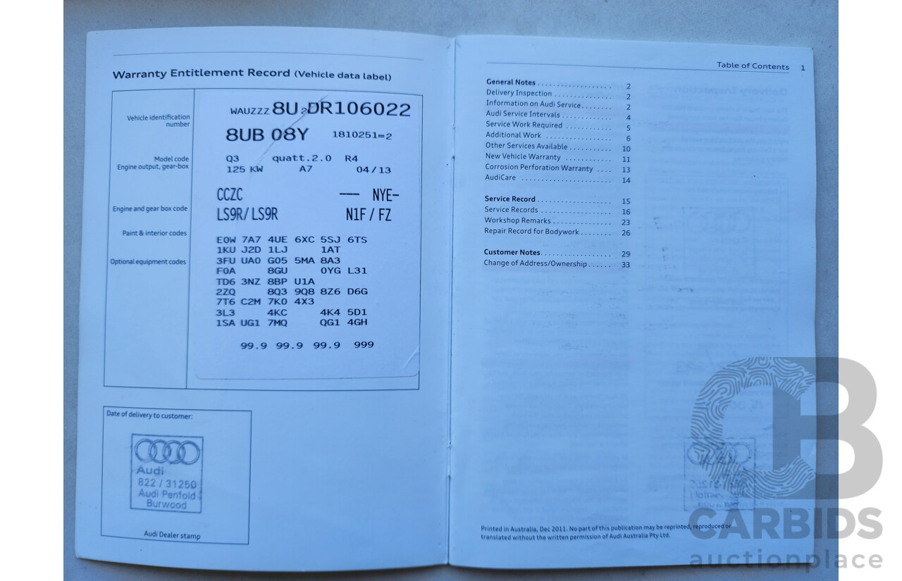 7/2013 Audi Q3 2.0 TFSI Quattro (125kw) 8U 4d Wagon White 2.0L