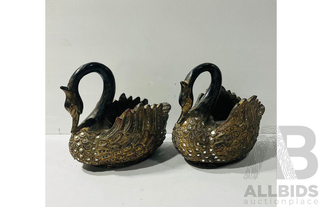 Pair Large Carved Wooden Swan Figures with Inset Mirror Detail