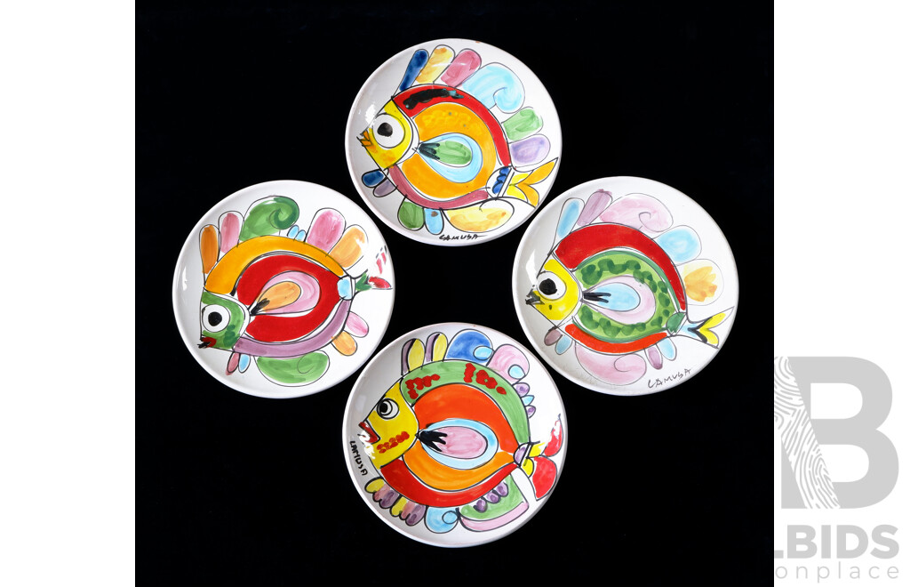 Set Four Mid Century Italian Hand Painted Lamusa Fish Plates