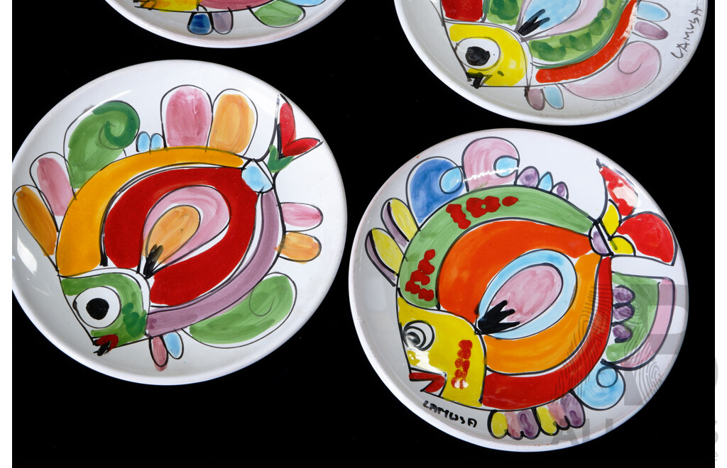 Set Four Mid Century Italian Hand Painted Lamusa Fish Plates