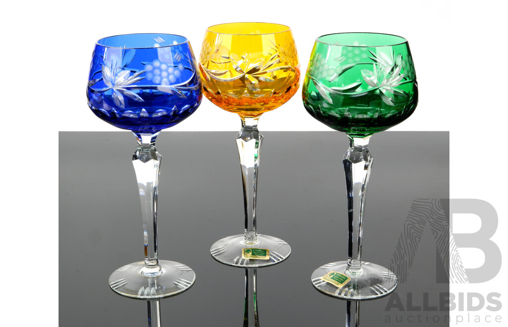 Set Three Vintage German Hand Blown and Hand Cut Stemmed Crystal Harlequin Glasses by Lausitzer in Original Box