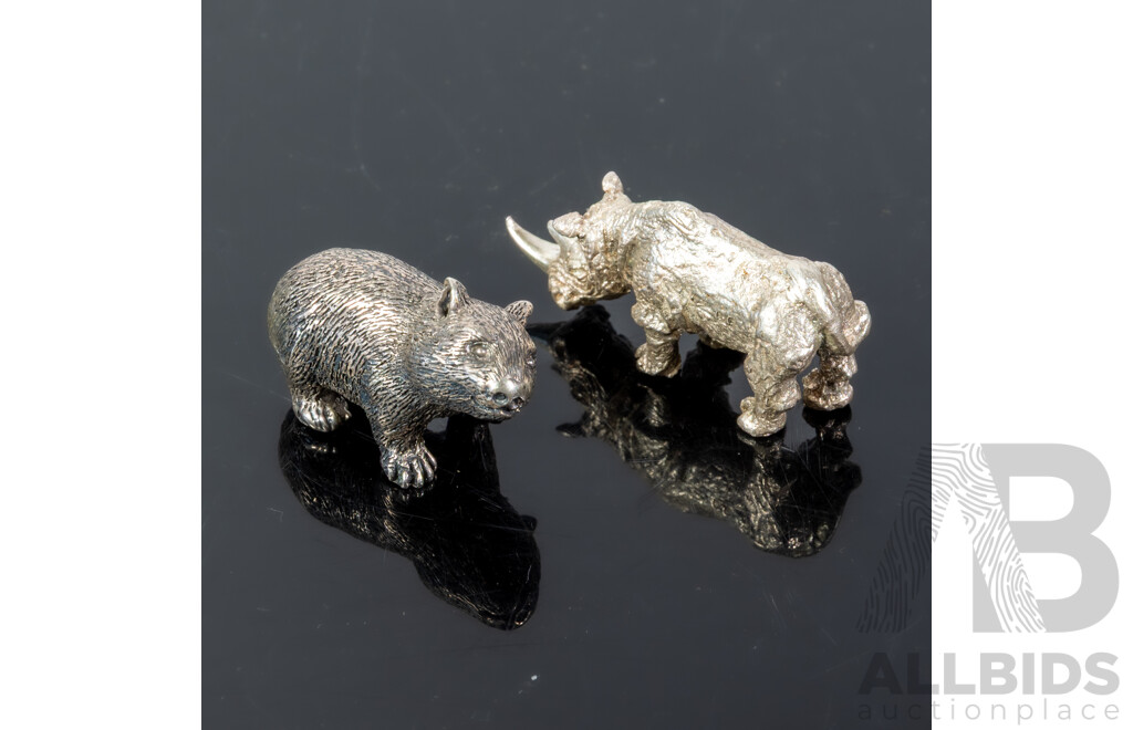 Sterling Silver Wombat Figure Along with Sterling Silver Rhinoceros Figure
