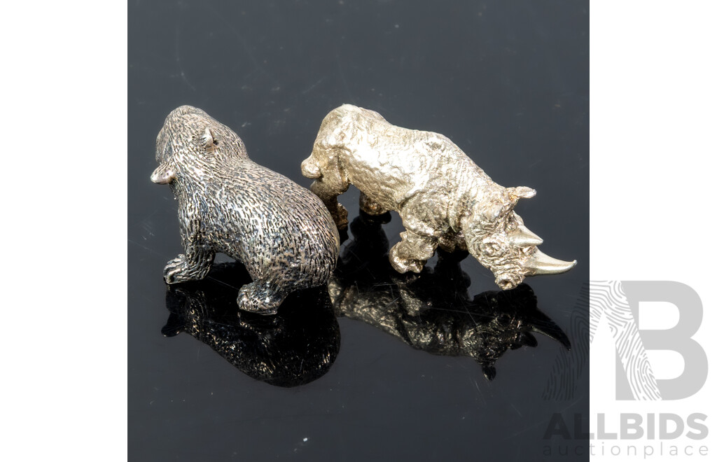 Sterling Silver Wombat Figure Along with Sterling Silver Rhinoceros Figure