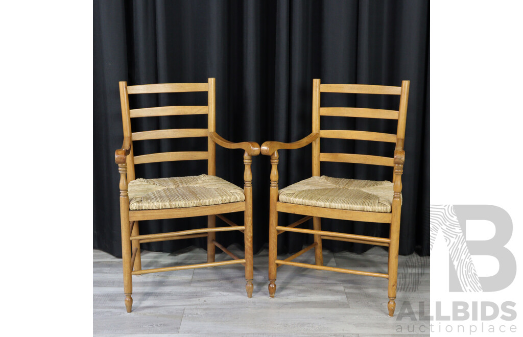 Pair Of Beech Carvers with Rush Seats