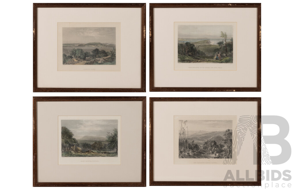 John Skinner Prout, (19th C., British, 1805-1876), Mount Macedon, Victoria & Three More Works, Vintage Hand Coloured Steel Engraving Prints of Originals, 29.5 x 37 cm (frames) (4)