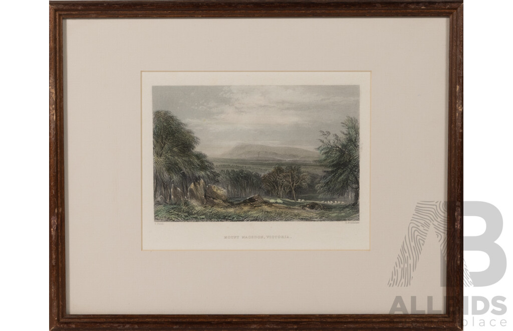 John Skinner Prout, (19th C., British, 1805-1876), Mount Macedon, Victoria & Three More Works, Vintage Hand Coloured Steel Engraving Prints of Originals, 29.5 x 37 cm (frames) (4)
