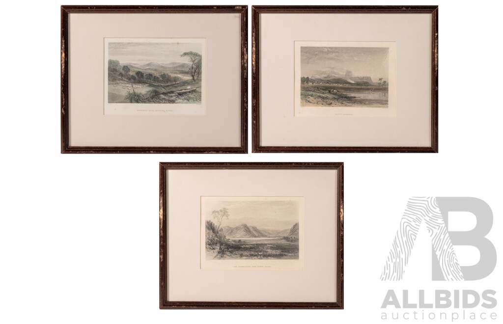 John Skinner Prout, (19th C., British, 1805-1876), The Hawkesbury, NSW; Perth, Tasmania; Harper Hill, Hunter River, Trio of Antique Hand Coloured Engravings, 30 x 38 cm (frames)(3)