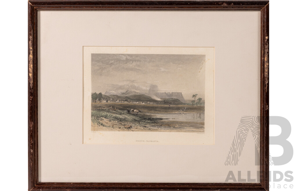 John Skinner Prout, (19th C., British, 1805-1876), The Hawkesbury, NSW; Perth, Tasmania; Harper Hill, Hunter River, Trio of Antique Hand Coloured Engravings, 30 x 38 cm (frames)(3)