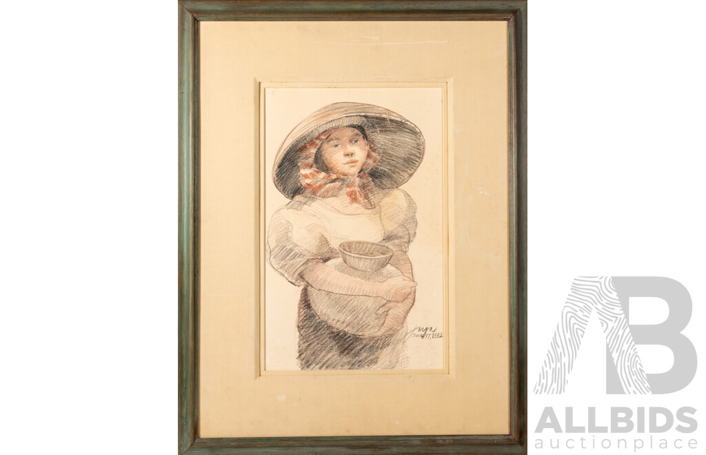 Jaya, (20th Century), Girl with Pot (1982), Original Pencil, 87 x 67 cm (frame)