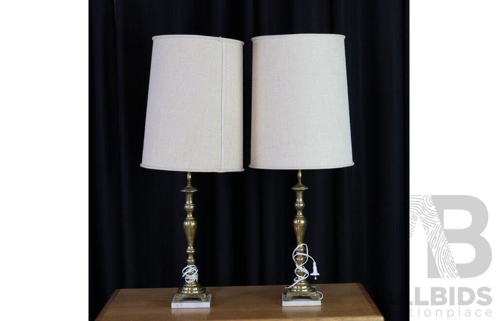 Pair of Brass Candlestick Table Lamps with Marble Base and Fabric Shades