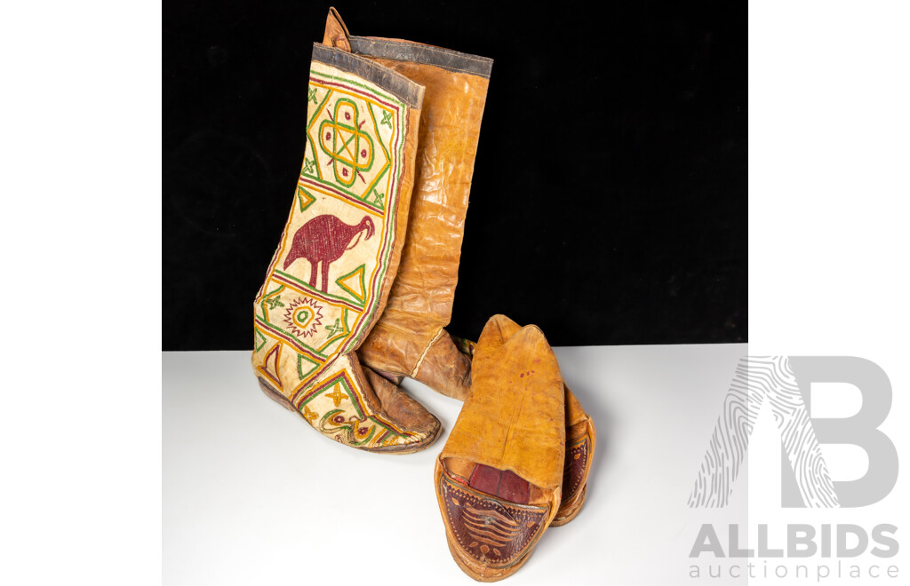 Vintage Pair Leather Mexican Cowboy Boots with Embroidered Decoration Along with Pair Leather Middle Eastern Slippers