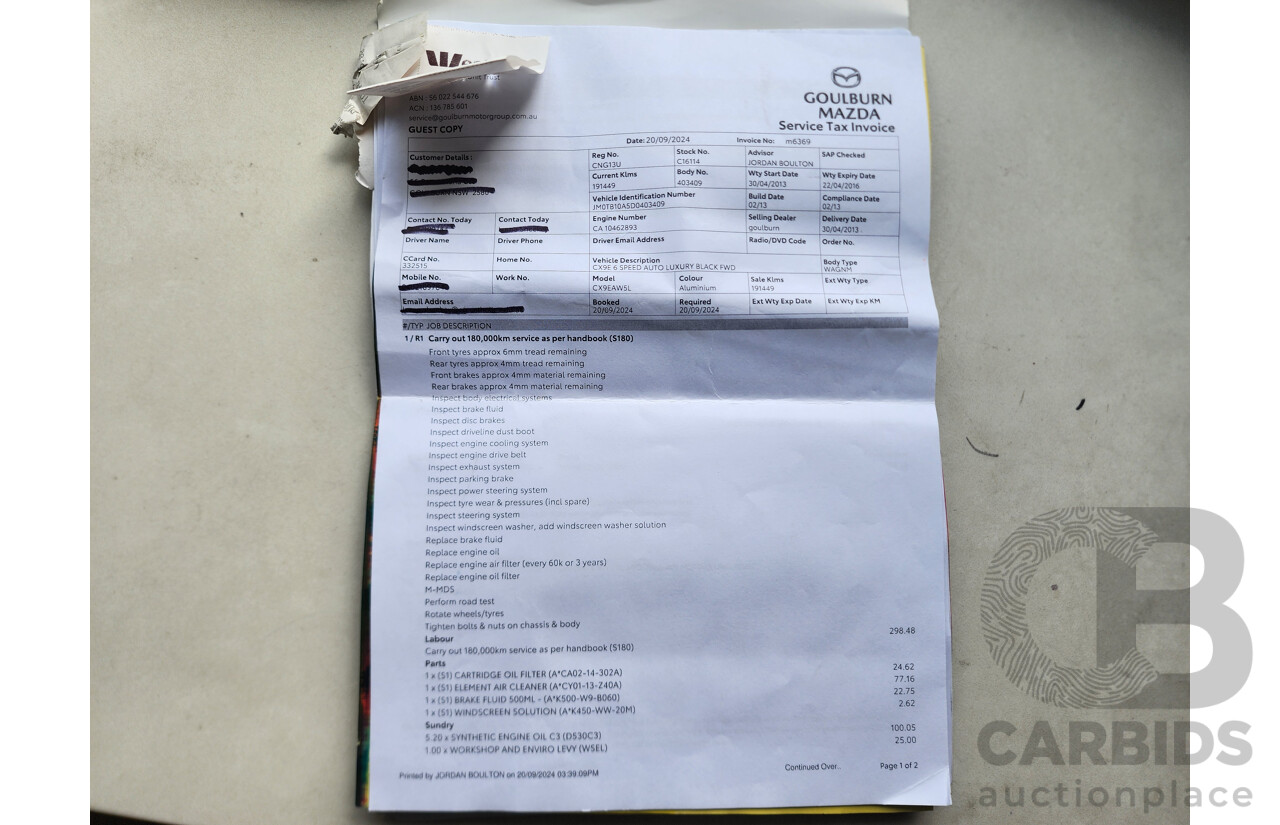 2/2013 Mazda Cx-9 Luxury (fwd) MY13 4d Wagon Silver Or Chrome 3.7L