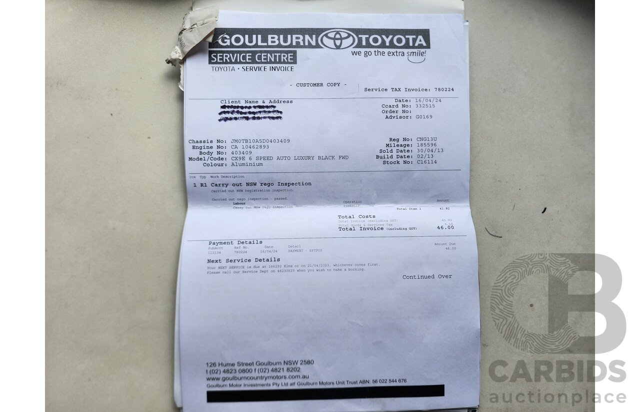 2/2013 Mazda Cx-9 Luxury (fwd) MY13 4d Wagon Silver Or Chrome 3.7L