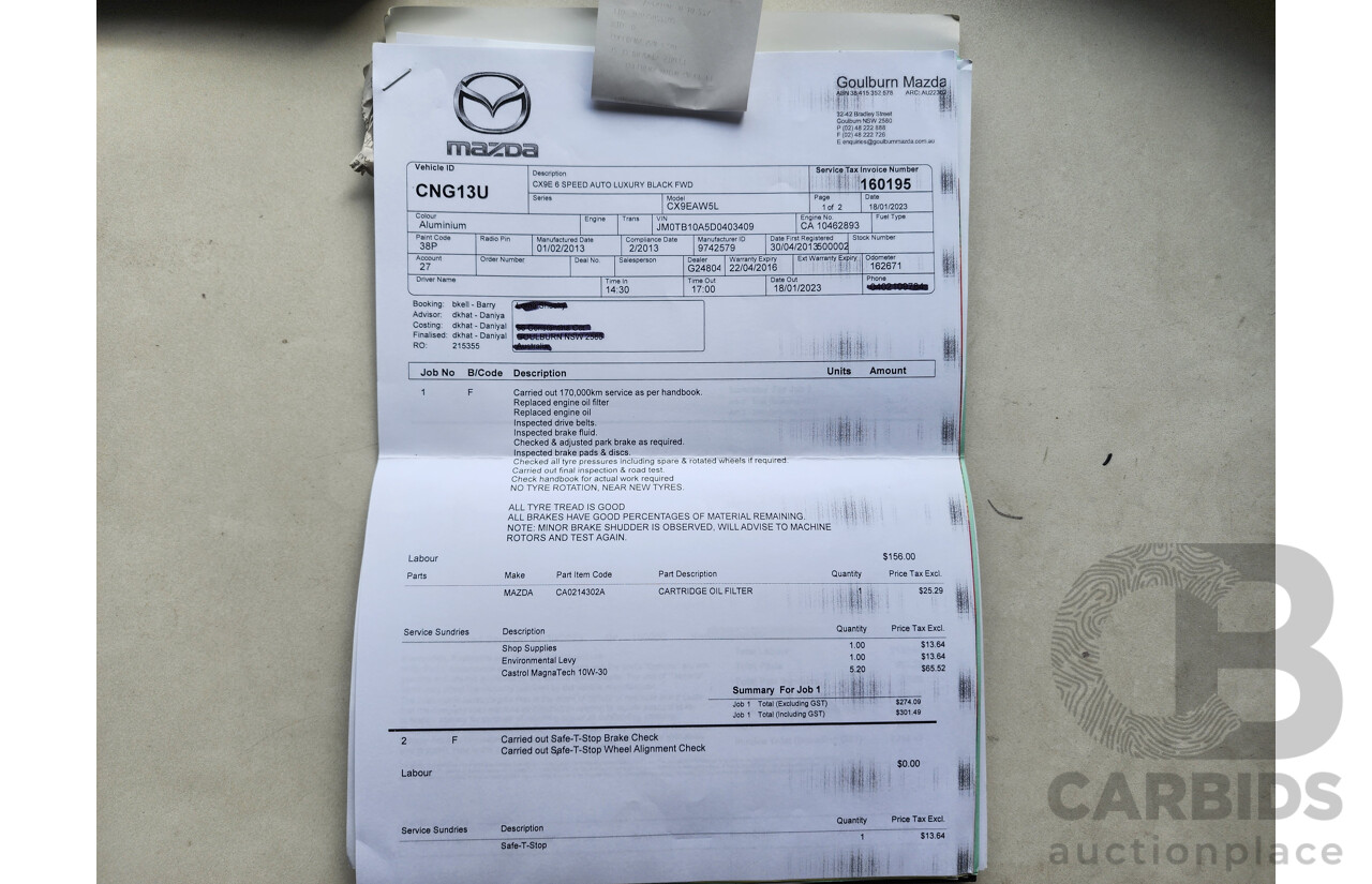 2/2013 Mazda Cx-9 Luxury (fwd) MY13 4d Wagon Silver Or Chrome 3.7L