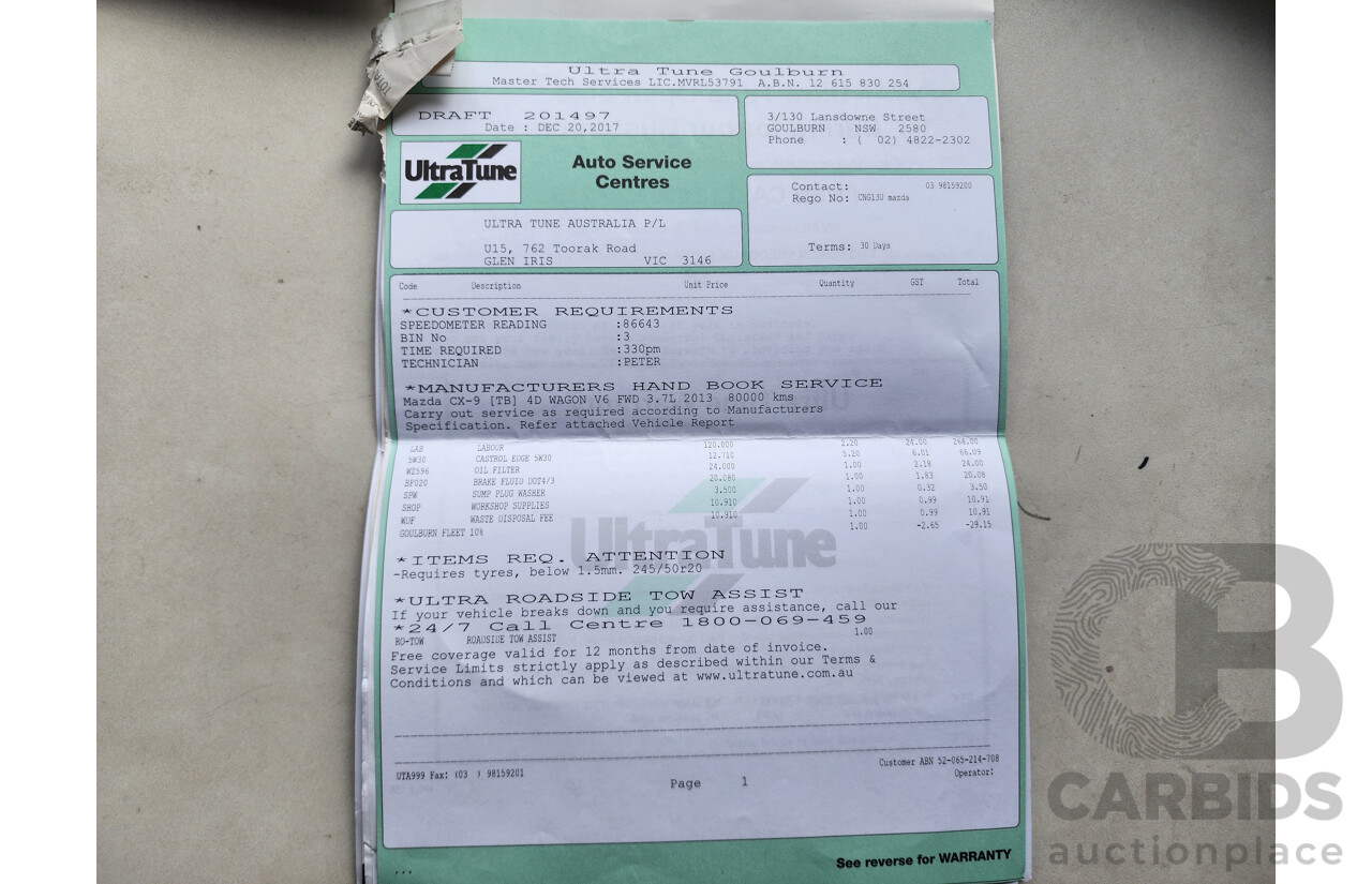 2/2013 Mazda Cx-9 Luxury (fwd) MY13 4d Wagon Silver Or Chrome 3.7L