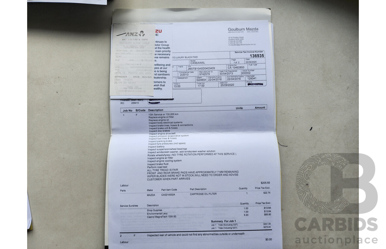 2/2013 Mazda Cx-9 Luxury (fwd) MY13 4d Wagon Silver Or Chrome 3.7L