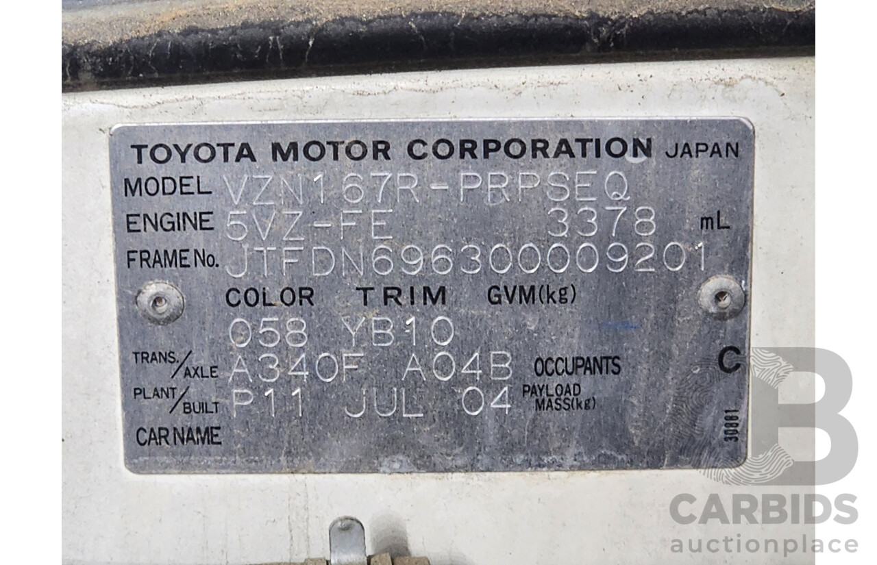 8/2004 Toyota Hilux SR5 (4x4) VZN167R Dual Cab P/Up White 3.4L