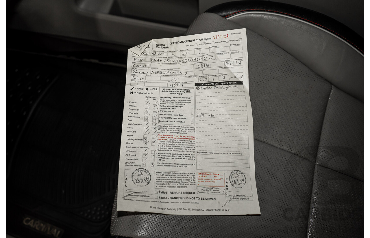 05/2019 Kia Carnival SLi YP PE MY19 4D Wagon Silky Silver Metallic Turbo Diesel 2.2L - 8 seater