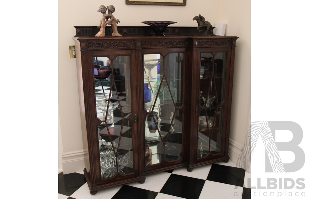 Antique Solid Oak Wood & Glass 3 Doors Display Cabinet with Carved Detail  