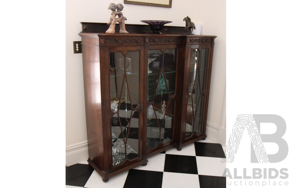 Antique Solid Oak Wood & Glass 3 Doors Display Cabinet with Carved Detail  