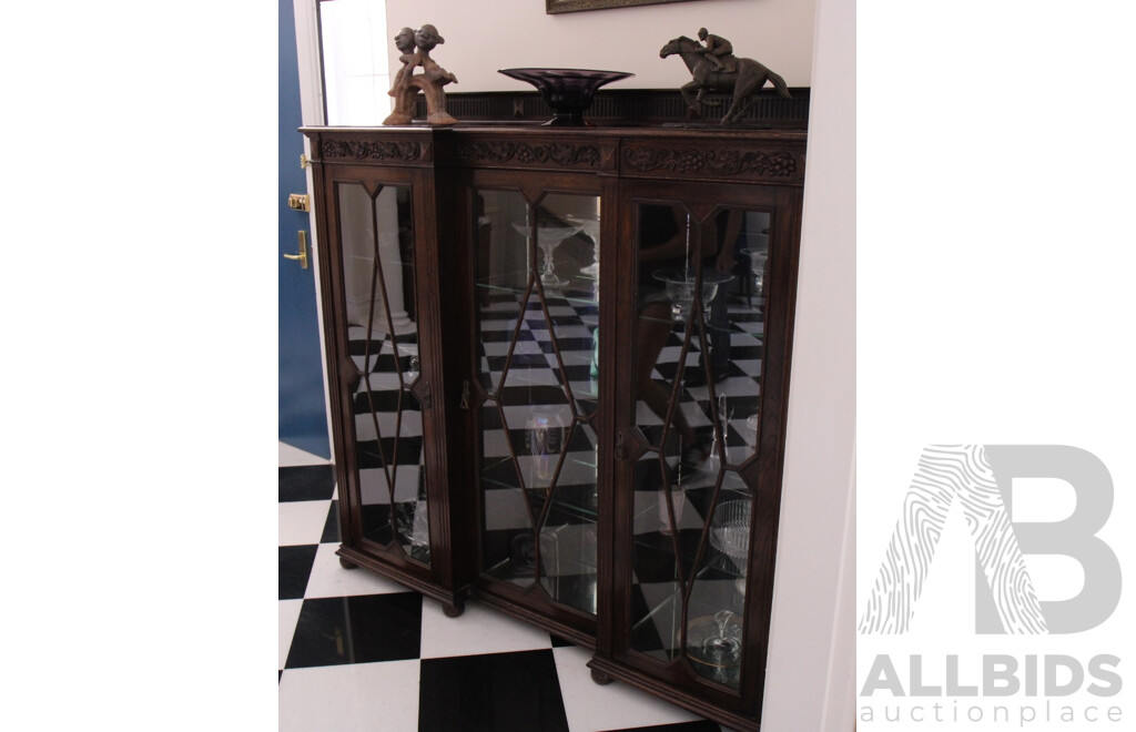 Antique Solid Oak Wood & Glass 3 Doors Display Cabinet with Carved Detail  