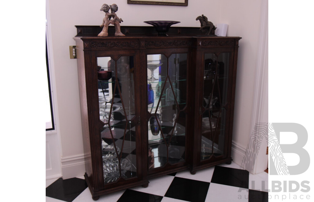 Antique Solid Oak Wood & Glass 3 Doors Display Cabinet with Carved Detail  