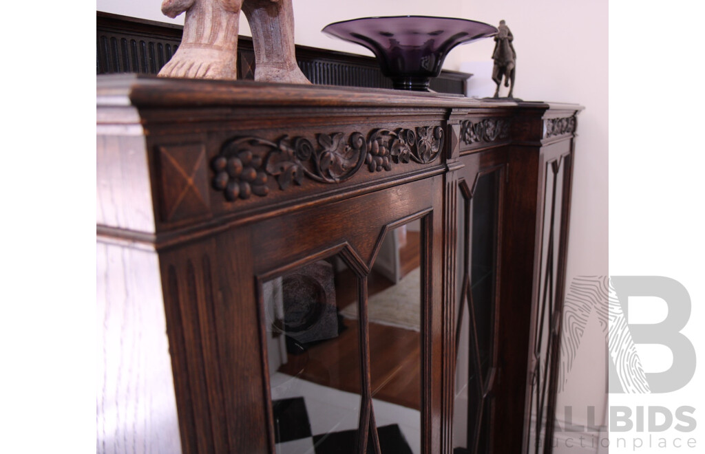 Antique Solid Oak Wood & Glass 3 Doors Display Cabinet with Carved Detail  