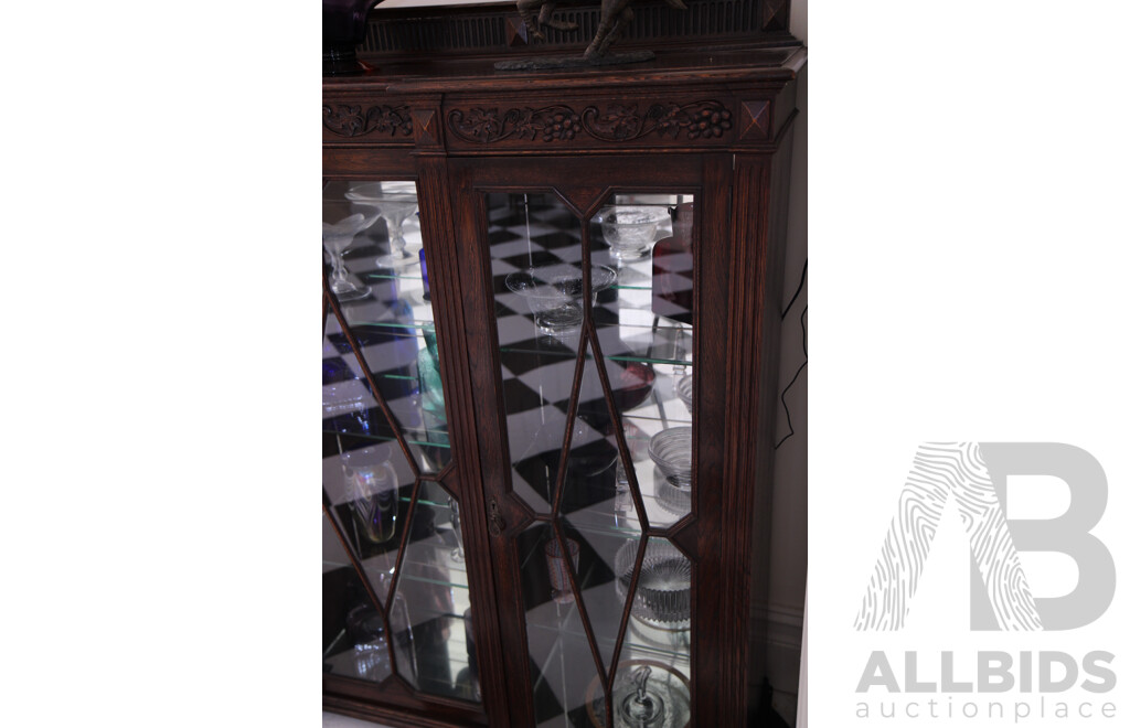 Antique Solid Oak Wood & Glass 3 Doors Display Cabinet with Carved Detail  