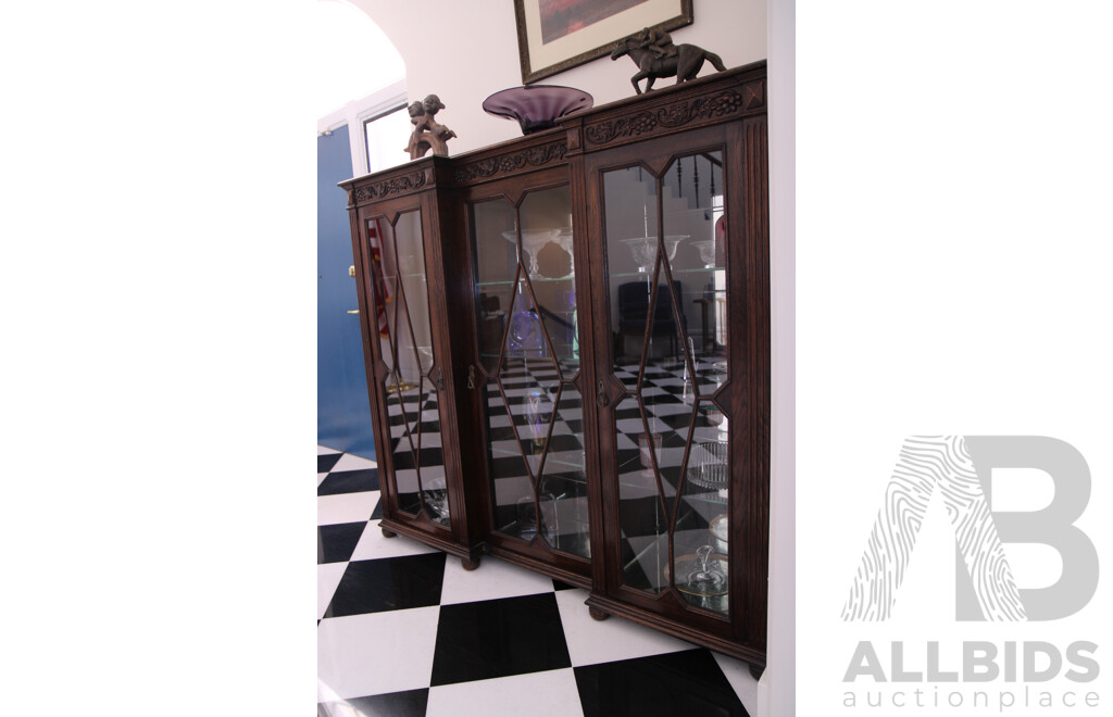 Antique Solid Oak Wood & Glass 3 Doors Display Cabinet with Carved Detail  
