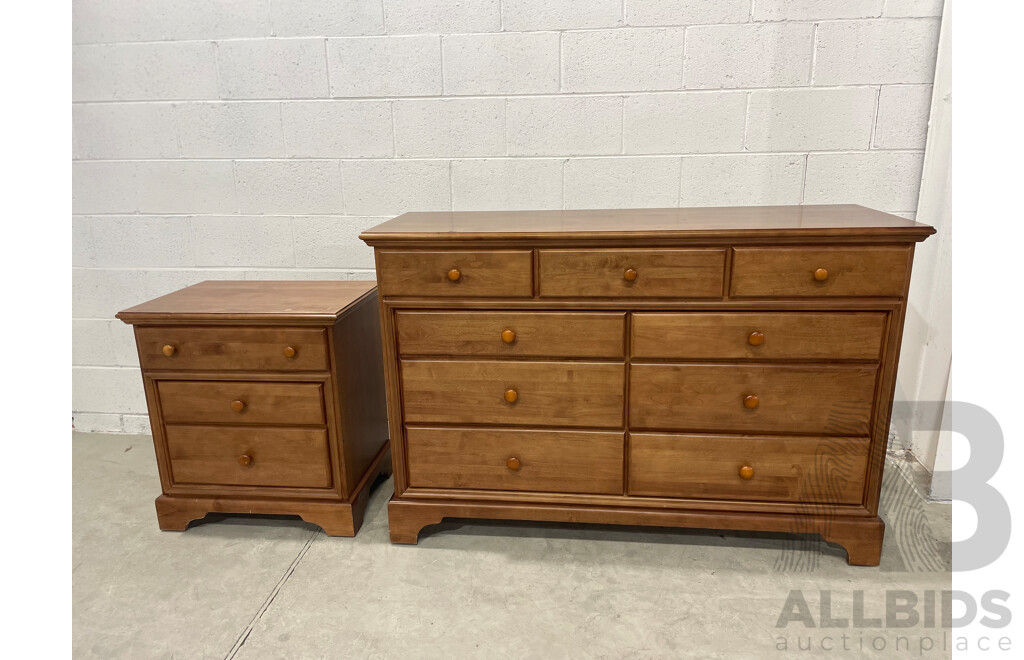 Solid Wood 7 Drawer Dresser and Bedside Table with 3 Drawers - Lot of 2