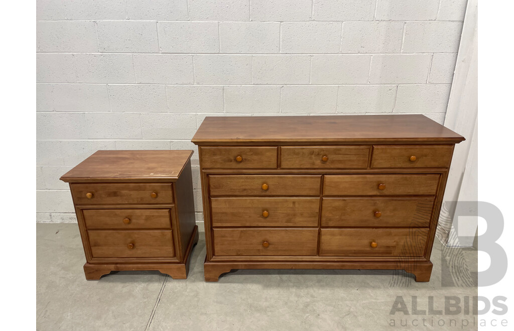 Solid Wood 7 Drawer Dresser and Bedside Table with 3 Drawers - Lot of 2