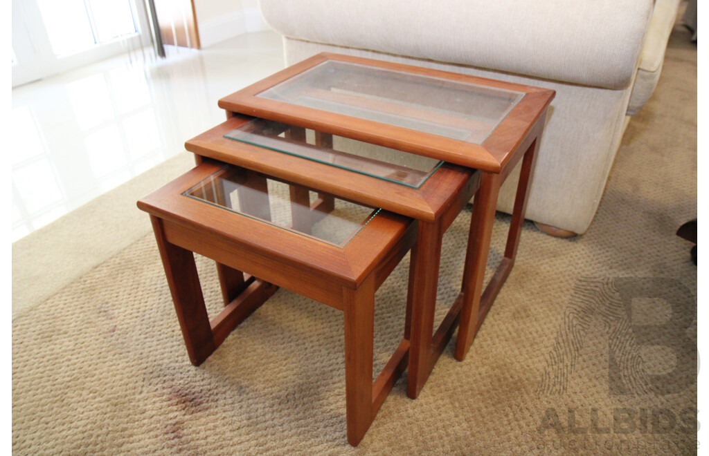 Group of Three Nested Tables, All with Recessed Glass 