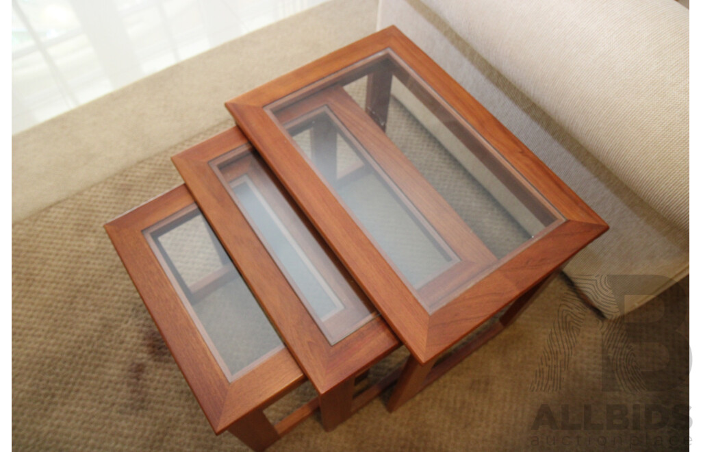 Group of Three Nested Tables, All with Recessed Glass 