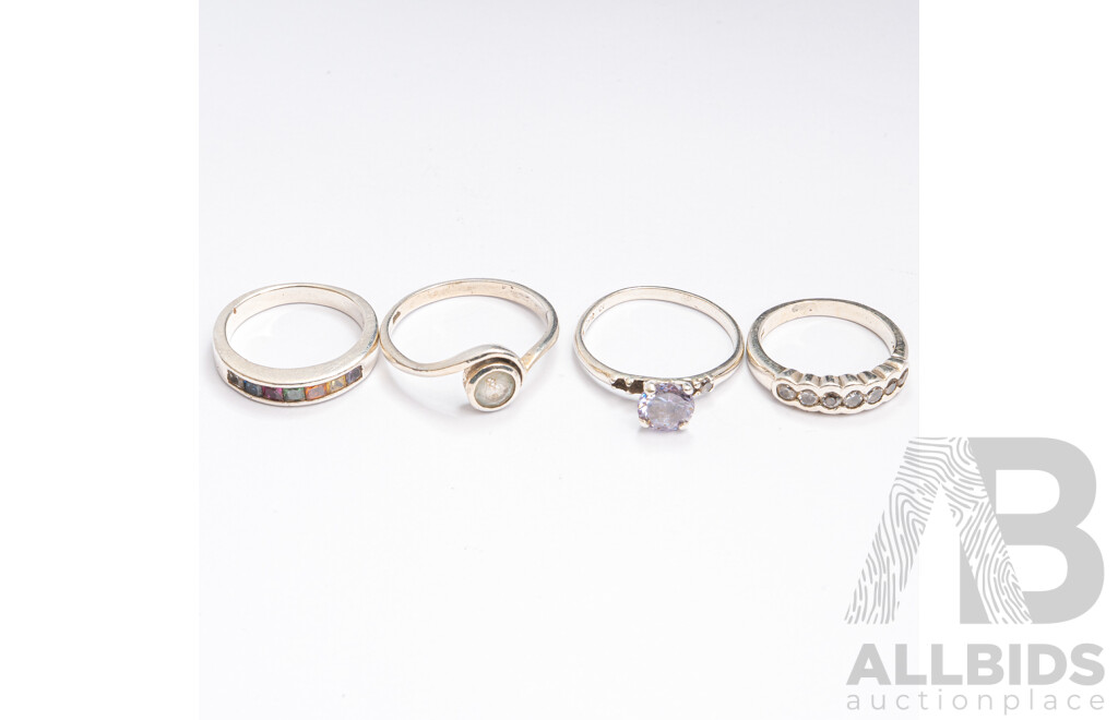 Collection of (4) Sterling Silver Gemstone Rings, Sizes I, K, O & P, 8.58 Grams