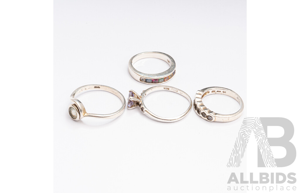 Collection of (4) Sterling Silver Gemstone Rings, Sizes I, K, O & P, 8.58 Grams