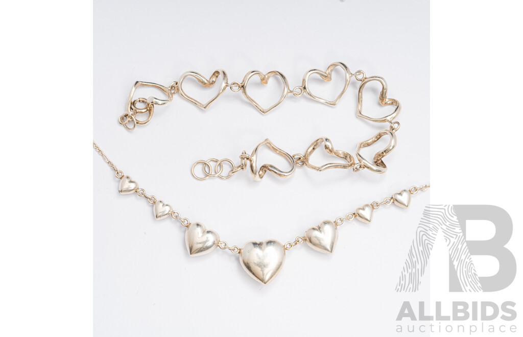 Sterling Silver Heart Link Bracelet & Sterling Silver Heart Pendants on Fixed Chain Necklace, 14.70 Grams