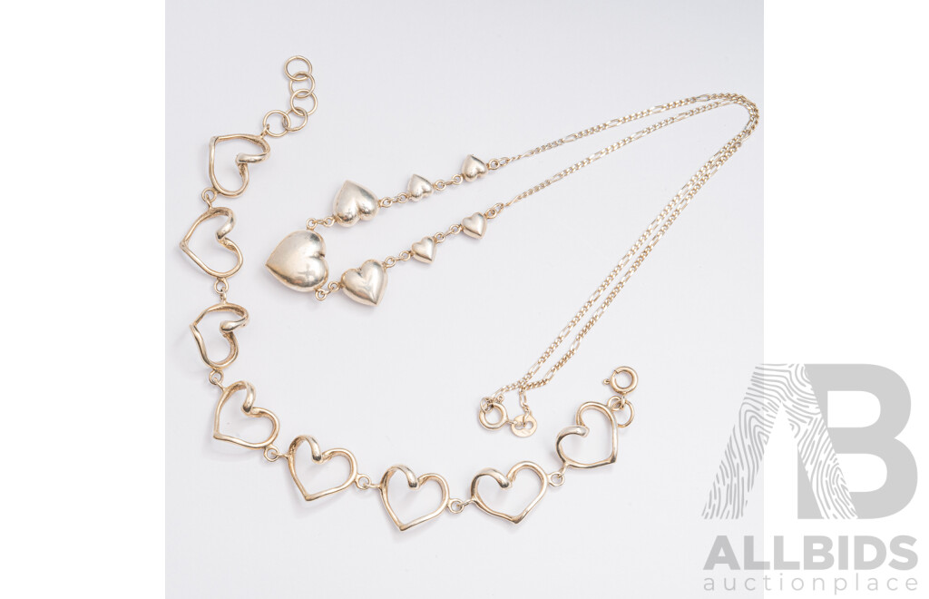 Sterling Silver Heart Link Bracelet & Sterling Silver Heart Pendants on Fixed Chain Necklace, 14.70 Grams
