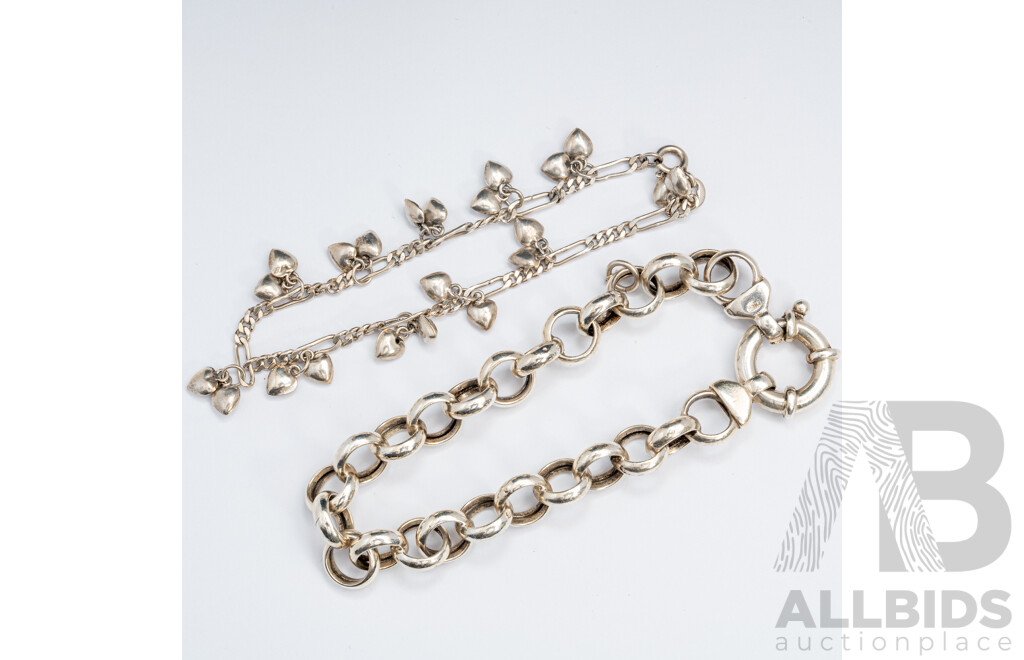Sterling Silver Belcher Link Braclet, 20.5cm & Sterling Silver Heart Charm Bracelet, 18.5cm, 22.82 Grams