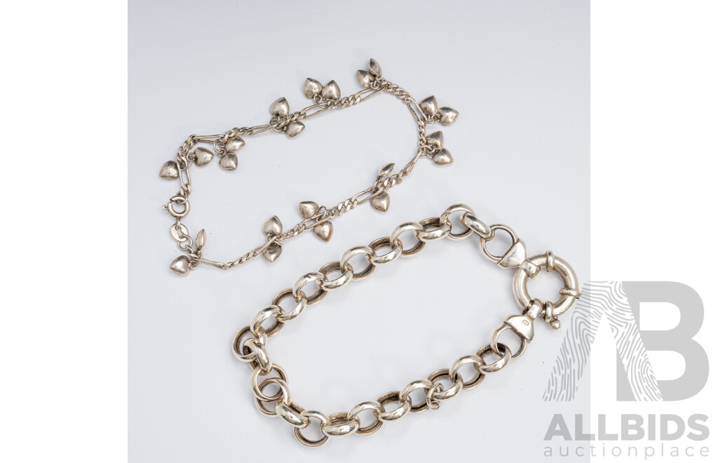 Sterling Silver Belcher Link Braclet, 20.5cm & Sterling Silver Heart Charm Bracelet, 18.5cm, 22.82 Grams