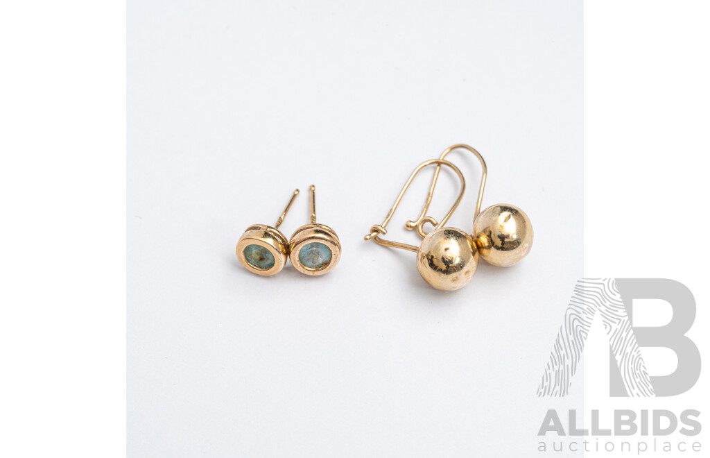 9ct Topaz Stud Earrings & 9ct Euro Ball Drop Earrings, 1.32 Grams