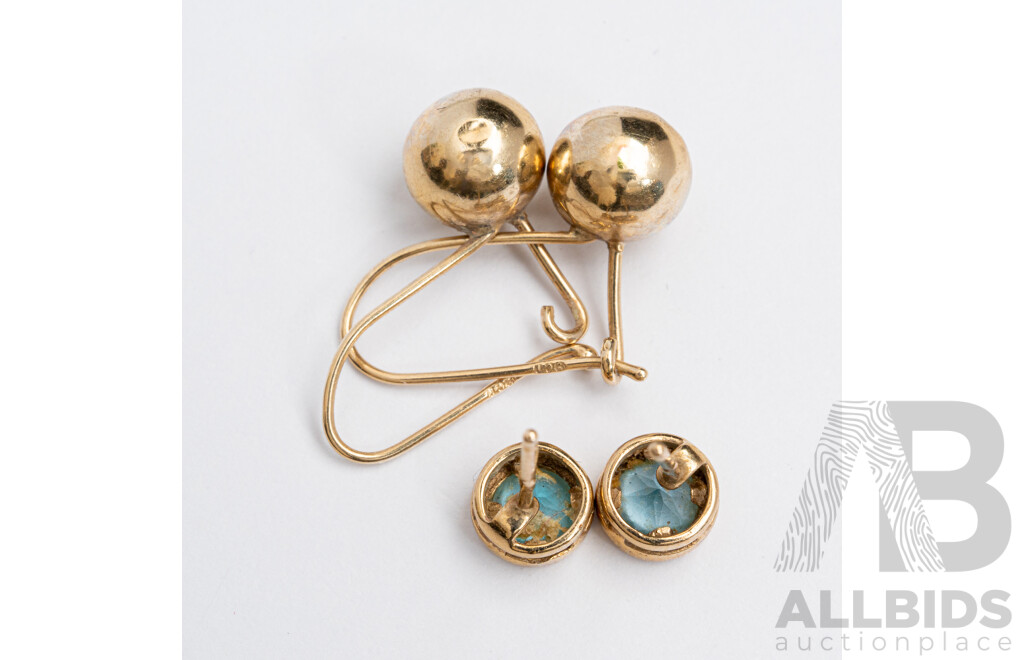 9ct Topaz Stud Earrings & 9ct Euro Ball Drop Earrings, 1.32 Grams
