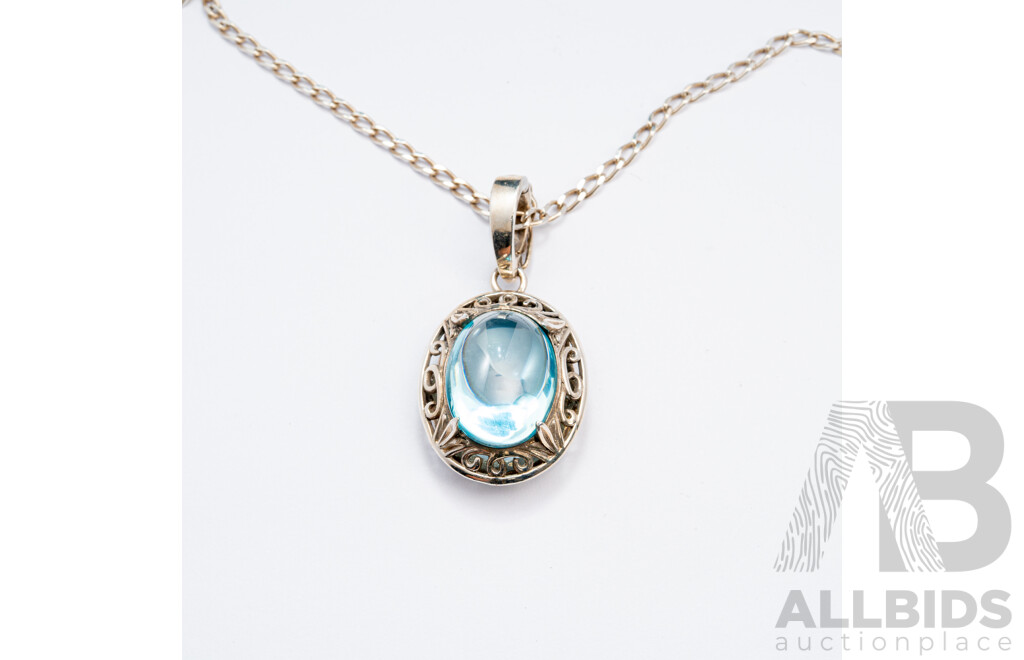 Sterling Silver Topaz Cabochon Enhancer Pendant, 35mm, on Sterling Silver Necklace, 50cm, as New, 12.40 Grams