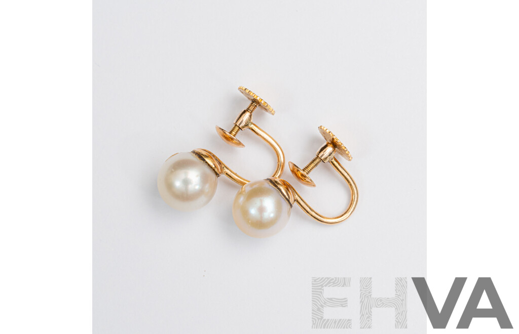 14ct Vintage Gold Cultured Pearl Screw Back Clip on Earrings, 7.5mm, 2.86 Grams