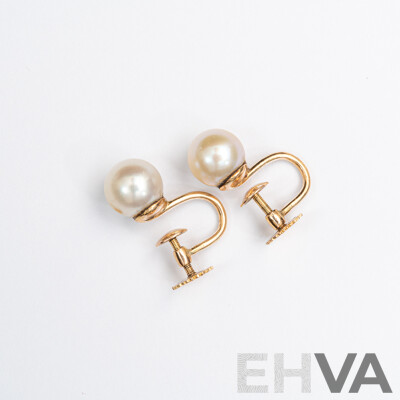14ct Vintage Gold Cultured Pearl Screw Back Clip on Earrings, 7.5mm, 2.86 Grams